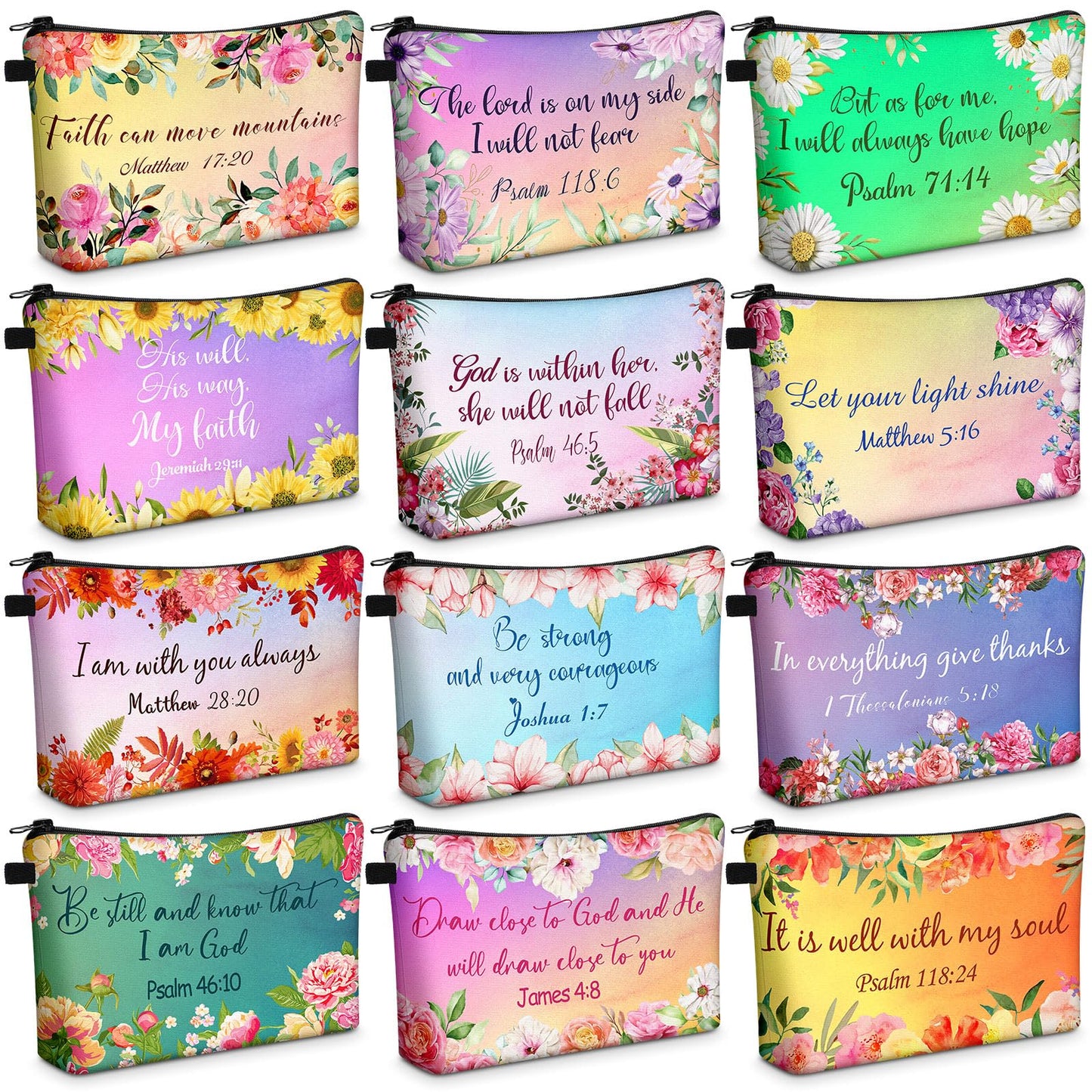 Chunful 12 Pcs Inspirational Christian Bags Bulk for Women Bible Verse Cosmetic Bag Pencil Pouch Gift Zippered Flower Organizer for Student Office Journaling Supplies, 7.48 x 4.72 Inch(Stylish)
