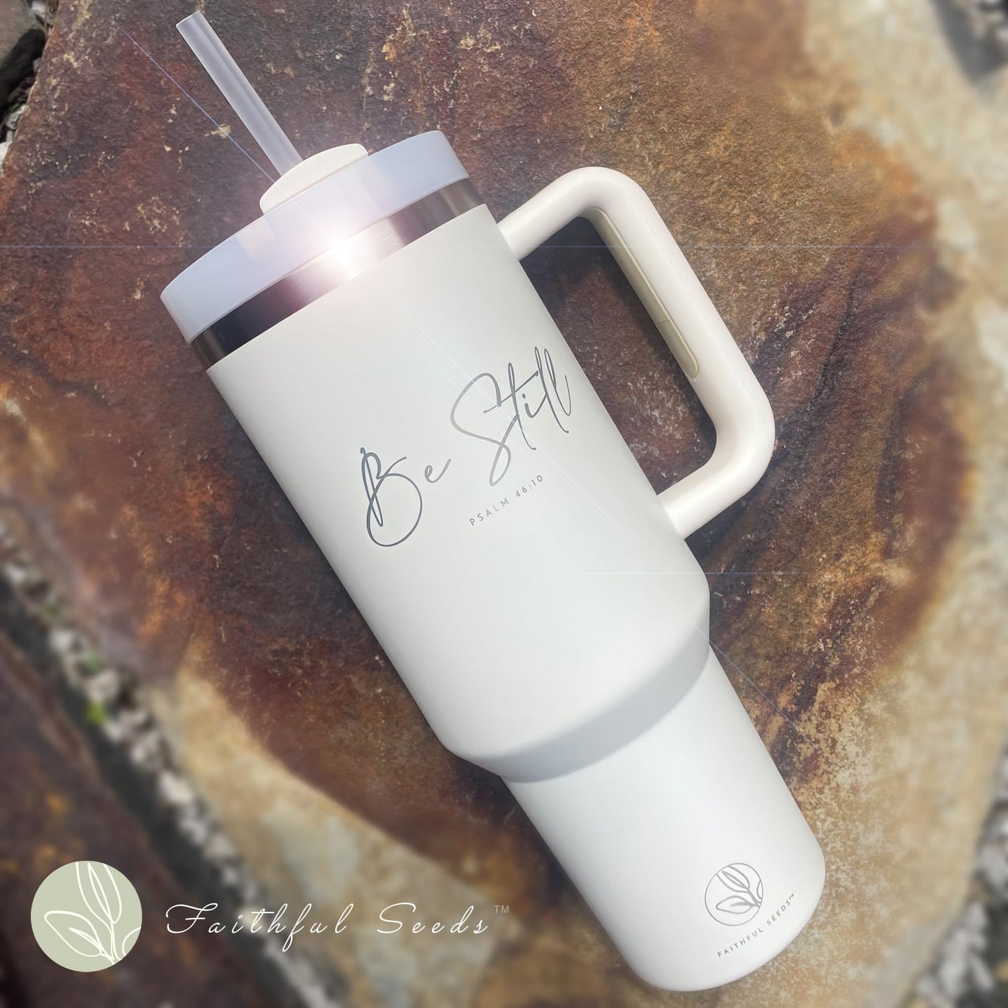 Faithful Seeds Christian Simple Modern 40 oz Tumbler with Handle and Straw - Inspirational Religious Gifts for Women - Stainless Steel Vacuum-Insulated Christian Tumbler for Mom, Grandma, Sister