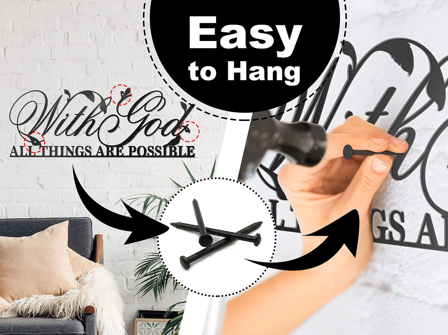Vivegate With God All Things Are Possible Sign Metal Wall Decor, 18"X12" Inch Religious Scripture Black Christian Bible Verses Everthing Is Possible with God Bibical Wall Hanging Decoration