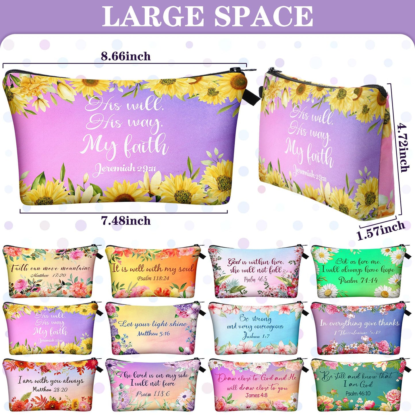 Chunful 12 Pcs Inspirational Christian Bags Bulk for Women Bible Verse Cosmetic Bag Pencil Pouch Gift Zippered Flower Organizer for Student Office Journaling Supplies, 7.48 x 4.72 Inch(Stylish)