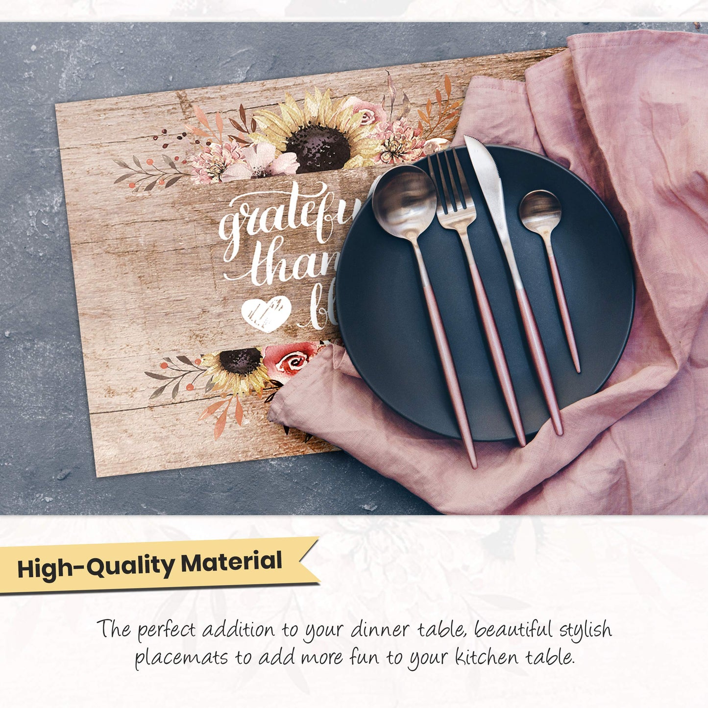 Blissful Living Set of 4 Placemats, Stain Resistant - Decorate Your Kitchen Table with Our Beautiful Rectangle pad placemat (Thankful Wood)