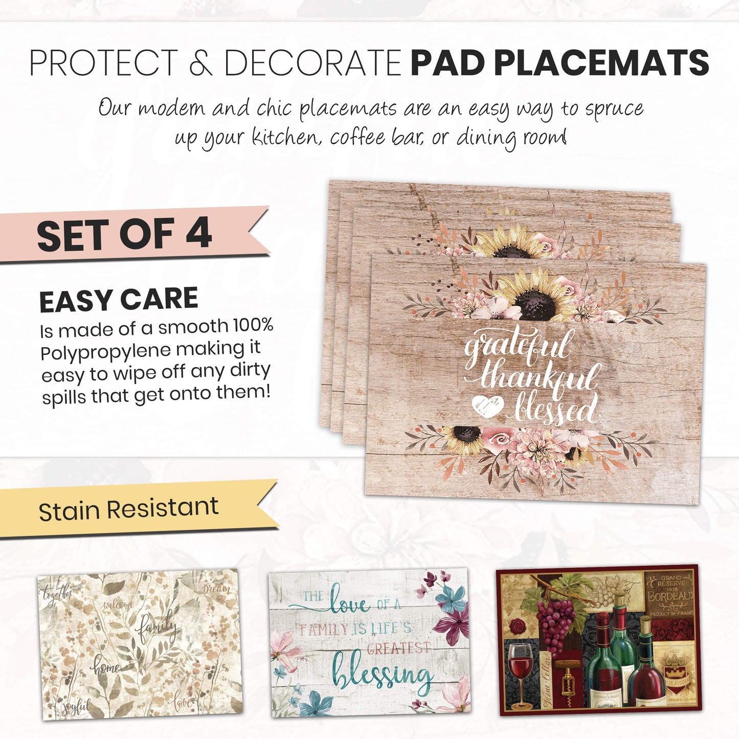 Blissful Living Set of 4 Placemats, Stain Resistant - Decorate Your Kitchen Table with Our Beautiful Rectangle pad placemat (Thankful Wood)