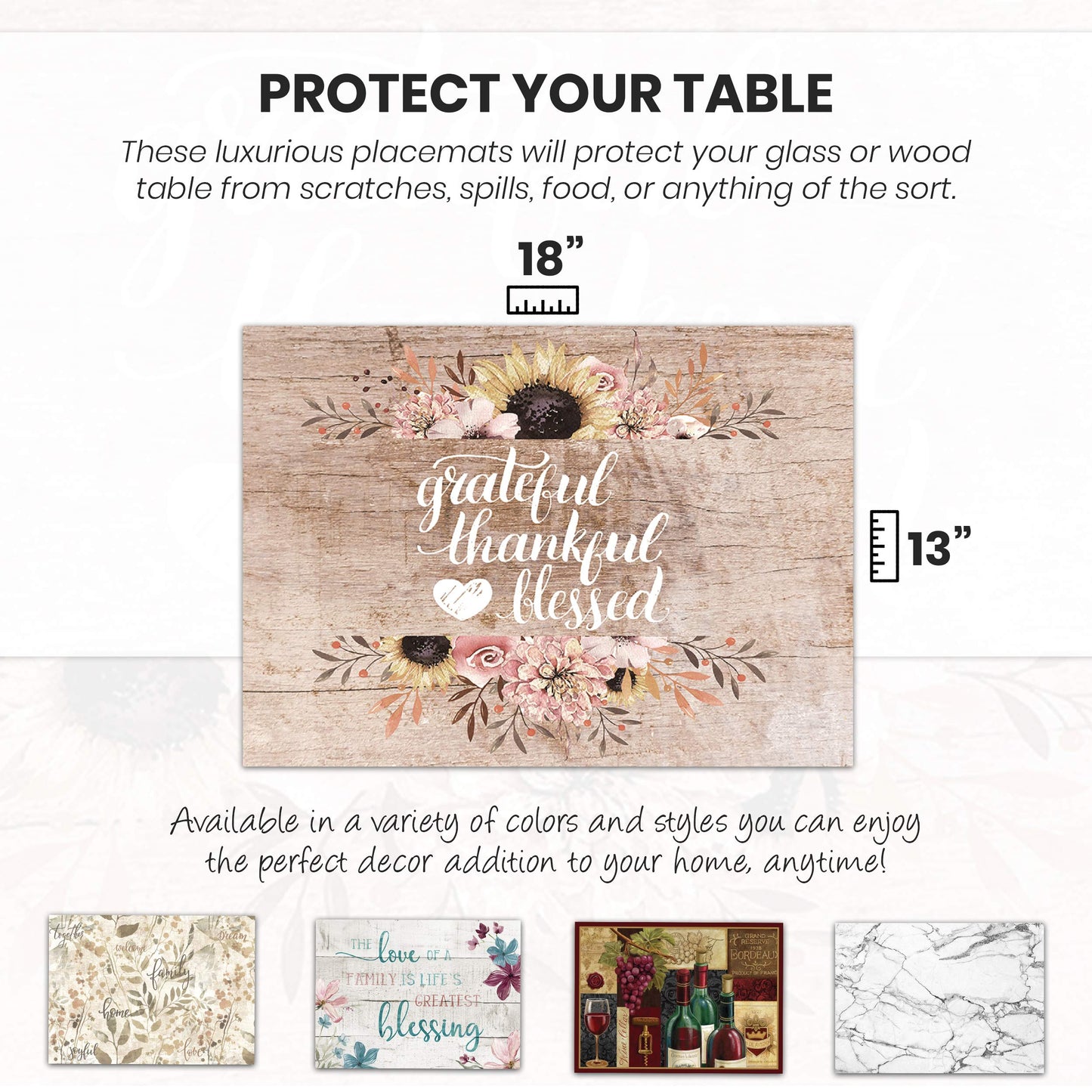 Blissful Living Set of 4 Placemats, Stain Resistant - Decorate Your Kitchen Table with Our Beautiful Rectangle pad placemat (Thankful Wood)