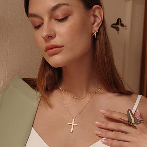 MEVECCO Gold Layered Cross Necklace for Women,18K Gold Plated Cute Faith/Jesus Charm Satellite Bead Chain Necklace