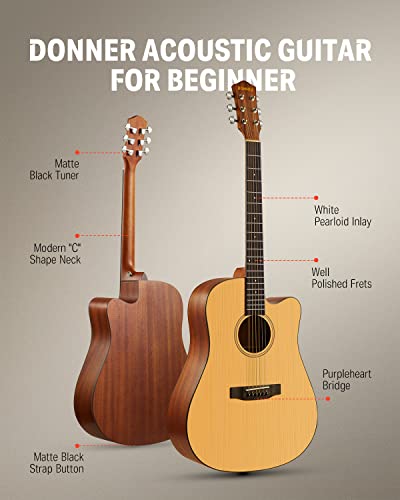 Donner 41” Acoustic Guitar Bundle for Beginners Adults with Online Lesson, 4/4 Full Size Steel Acustica Guitarra with Gig Bag, Tuner, Strap, Strings, Picks, Capos, Cutaway, Natural, DAG-1C/DAD-110C