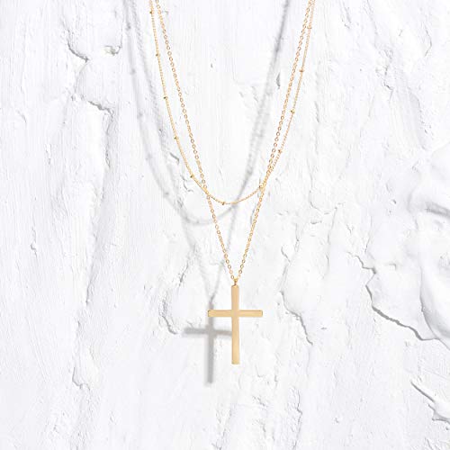 MEVECCO Gold Layered Cross Necklace for Women,18K Gold Plated Cute Faith/Jesus Charm Satellite Bead Chain Necklace