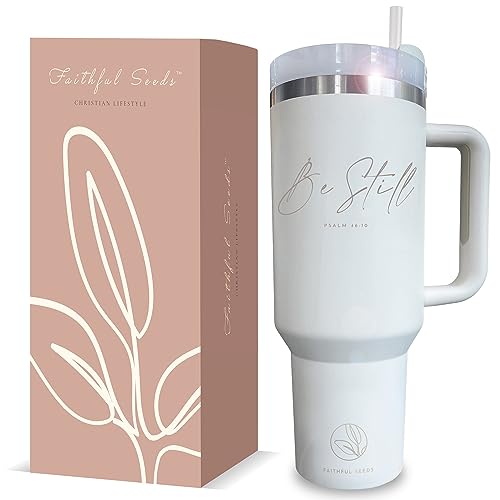 Faithful Seeds Christian Simple Modern 40 oz Tumbler with Handle and Straw - Inspirational Religious Gifts for Women - Stainless Steel Vacuum-Insulated Christian Tumbler for Mom, Grandma, Sister