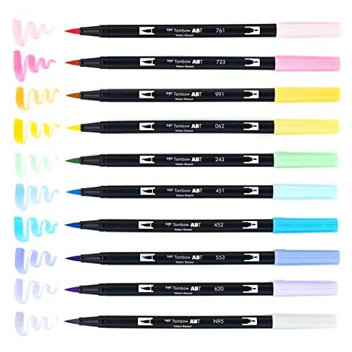 Tombow 56187 Dual Brush Pen Art Markers, Pastel, 10-Pack. Blendable, Brush and Fine Tip Markers