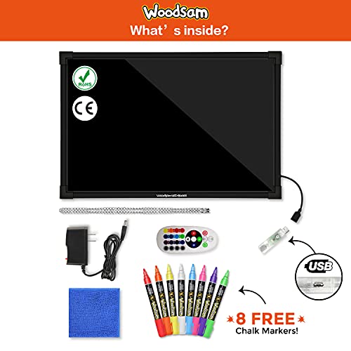 Woodsam LED Drawing Painting Board - 24" x 16" Erasable Non Porous Glass Surface with 8 Fluorescent Window Markers-Best for Chalkboard Blackboard Whiteboard Bulletin/Letter/Spelling/Display/Menu Board