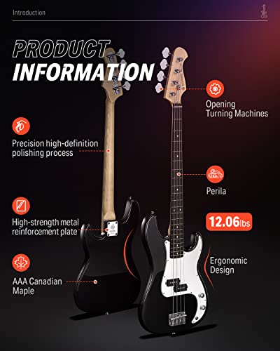 Donner Electric Bass Guitar 4 Strings Full-Size Standard Bass PB-Style Beginner Kit Black for Starter with Free Online Lesson Gig Bag Guitar Strap and Guitar Cable, DPB-510D