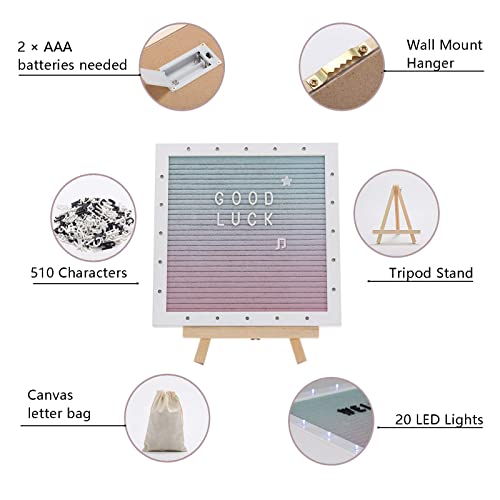 LED Gradient Felt Letter Board Sign Lights, 10in × 10in Changeable Message Board with 470 Black & White Pre-Cut Letters for Christmas Birthday Gifts Baby Showers Wedding Party Decor