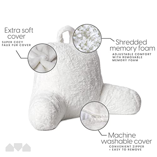 Milliard Reading Pillow, Sit Up Pillow for Bed, Back Rest Pillow, with Faux Fur, Removable Cover, 8x15 inches, Made with Shredded Memory Foam (White)