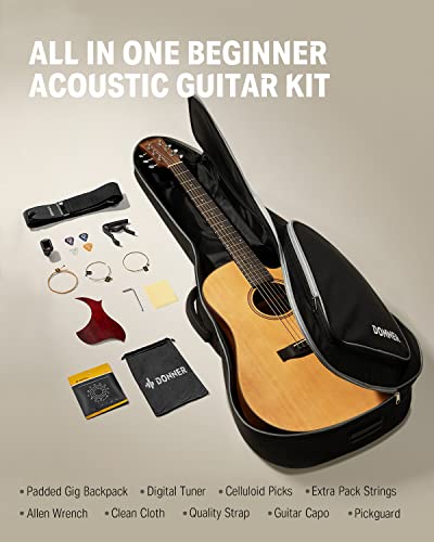 Donner 41” Acoustic Guitar Bundle for Beginners Adults with Online Lesson, 4/4 Full Size Steel Acustica Guitarra with Gig Bag, Tuner, Strap, Strings, Picks, Capos, Cutaway, Natural, DAG-1C/DAD-110C
