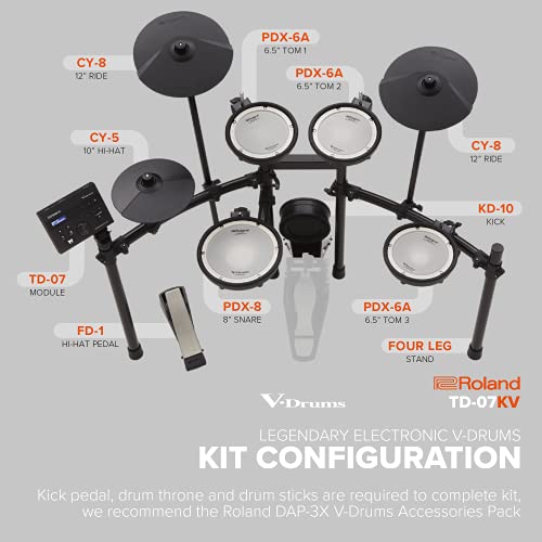 Roland TD-07KV Electronic V-Drums Kit – Legendary Dual-Ply All Mesh Head kit with superior expression and playability – Bluetooth Audio & MIDI – USB for recording audio and MIDI data – 40 FREE Melodic
