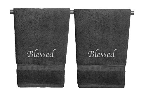 Liberty21 Embroidered Hand Towels with Inspirational Message: Blessed (1 Set of 2 Hand Towels) for Bathroom, Kitchen or Spa. (Dark Grey)
