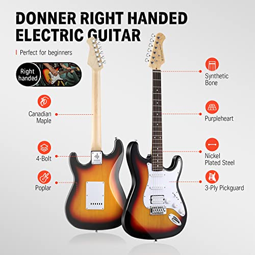 Donner DST-100S 39 Inch Full Size Electric Guitar Kit Solid Body Sunburst, Beginner Starter, with Amplifier, Bag, Capo, Strap, String, Tuner, Cable, Picks