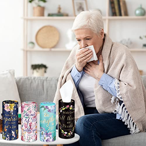 12 Pcs Christian Gifts Cylinder Car Tissues Boxes Religious Quotes Car Napkins Round Disposable Tissues Boxes Travel Facial Tissues Boxes for Car Cup Holder Tissues Box Round Container (Blossom)