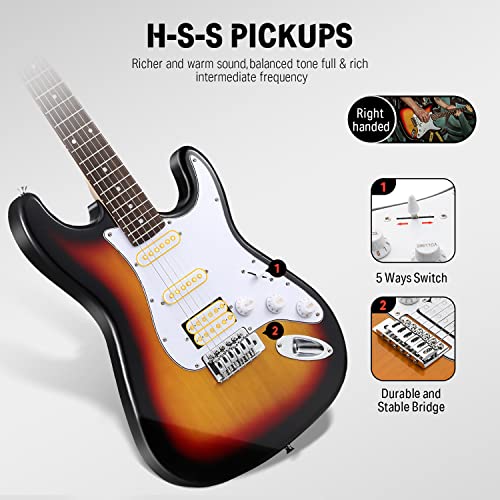 Donner DST-100S 39 Inch Full Size Electric Guitar Kit Solid Body Sunburst, Beginner Starter, with Amplifier, Bag, Capo, Strap, String, Tuner, Cable, Picks
