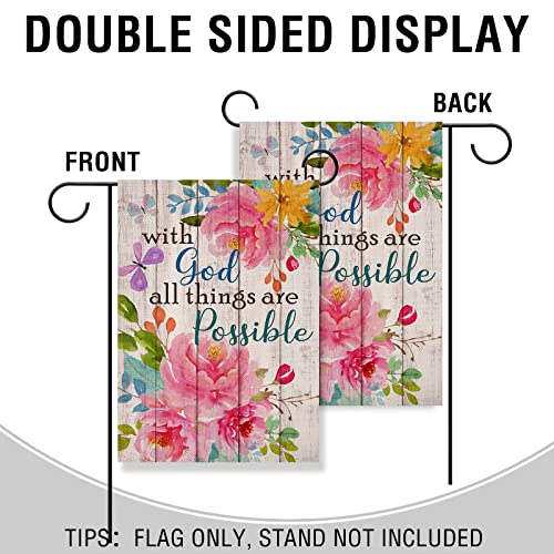 Artofy with God all Things are Possible Christian Home Decorative Garden Flag, Spring Summer Religious House Yard Outdoor Peony Flower, Inspirational Butterfly Outside Farmhouse Small Decor 12 x 18