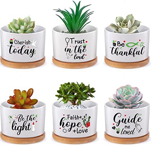 6 Pcs Christian Bible Verse Gifts Set Funny Succulent Plant Pot with Bamboo Tray Ceramic Funny Planter Succulent Accessories Cute Plants Pots for Women Teacher Coworker Birthday Gifts (Bible Style)