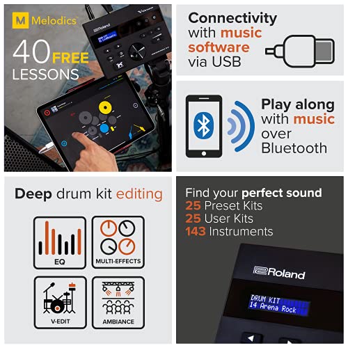 Roland TD-07KV Electronic V-Drums Kit – Legendary Dual-Ply All Mesh Head kit with superior expression and playability – Bluetooth Audio & MIDI – USB for recording audio and MIDI data – 40 FREE Melodic