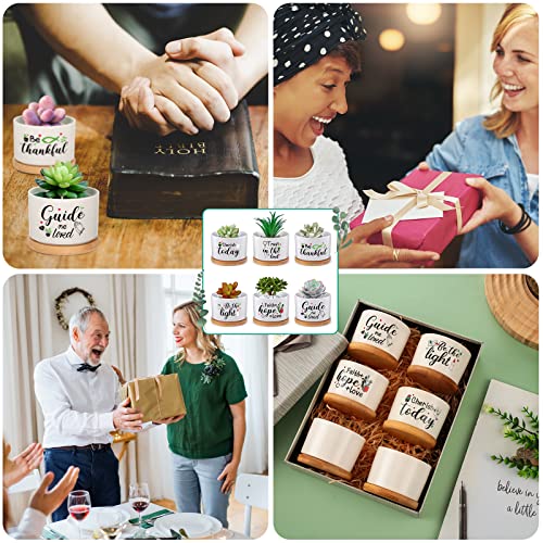6 Pcs Christian Bible Verse Gifts Set Funny Succulent Plant Pot with Bamboo Tray Ceramic Funny Planter Succulent Accessories Cute Plants Pots for Women Teacher Coworker Birthday Gifts (Bible Style)