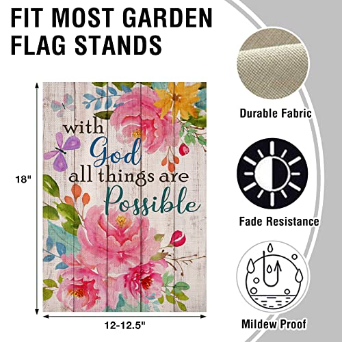 Artofy with God all Things are Possible Christian Home Decorative Garden Flag, Spring Summer Religious House Yard Outdoor Peony Flower, Inspirational Butterfly Outside Farmhouse Small Decor 12 x 18