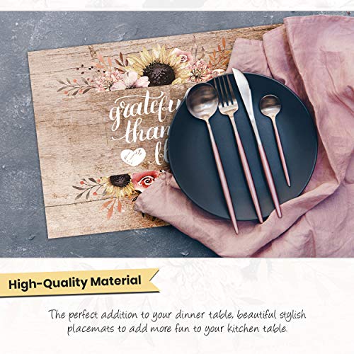 Blissful Living Set of 4 Placemats, Stain Resistant - Decorate Your Kitchen Table with Our Beautiful Rectangle pad placemat (Thankful Wood)