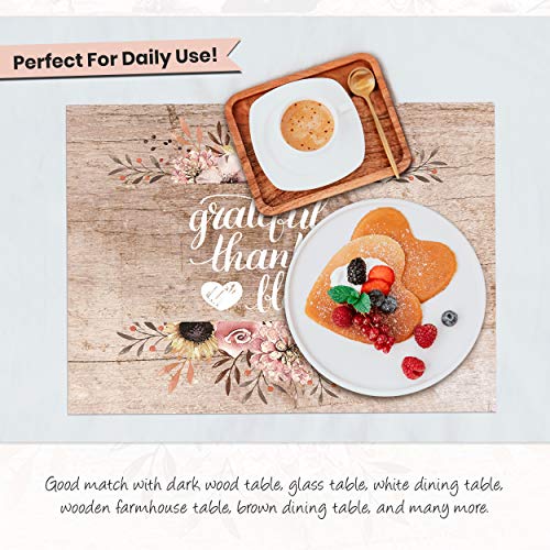 Blissful Living Set of 4 Placemats, Stain Resistant - Decorate Your Kitchen Table with Our Beautiful Rectangle pad placemat (Thankful Wood)
