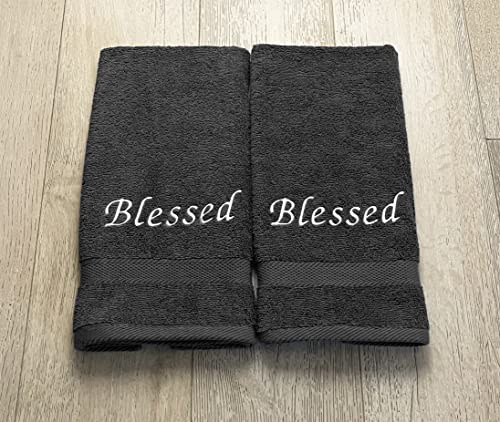 Liberty21 Embroidered Hand Towels with Inspirational Message: Blessed (1 Set of 2 Hand Towels) for Bathroom, Kitchen or Spa. (Dark Grey)