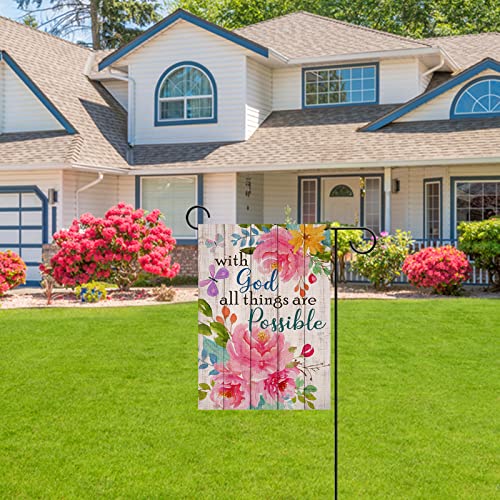 Artofy with God all Things are Possible Christian Home Decorative Garden Flag, Spring Summer Religious House Yard Outdoor Peony Flower, Inspirational Butterfly Outside Farmhouse Small Decor 12 x 18