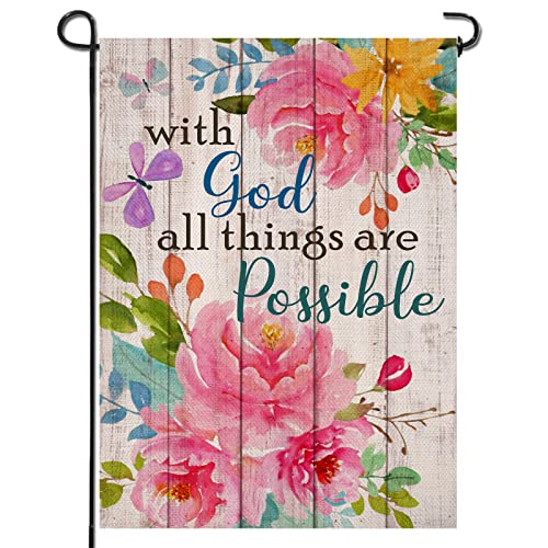 Artofy with God all Things are Possible Christian Home Decorative Garden Flag, Spring Summer Religious House Yard Outdoor Peony Flower, Inspirational Butterfly Outside Farmhouse Small Decor 12 x 18