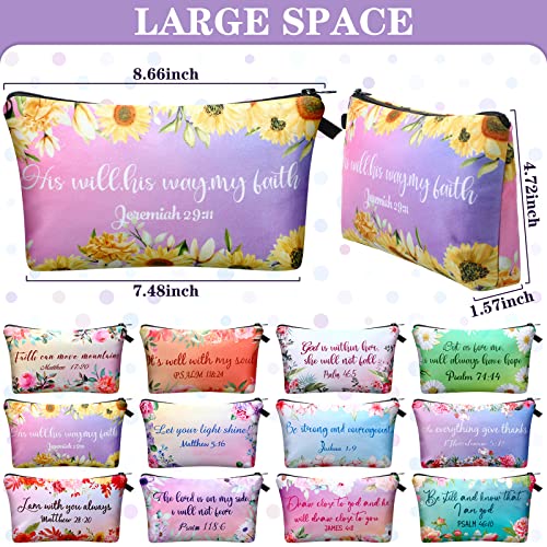 Chunful 12 Pcs Inspirational Christian Bags Bulk for Women Bible Verse Cosmetic Bag Pencil Pouch Gift Zippered Flower Organizer for Student Office Journaling Supplies, 7.48 x 4.72 Inch(Stylish)
