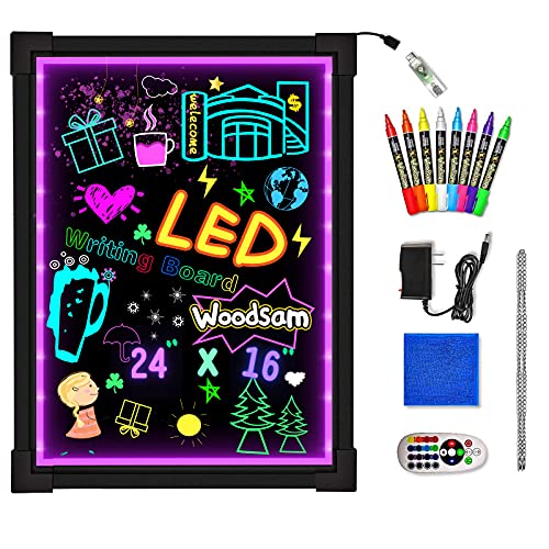 Woodsam LED Drawing Painting Board - 24" x 16" Erasable Non Porous Glass Surface with 8 Fluorescent Window Markers-Best for Chalkboard Blackboard Whiteboard Bulletin/Letter/Spelling/Display/Menu Board