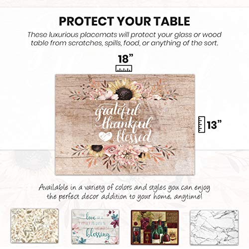 Blissful Living Set of 4 Placemats, Stain Resistant - Decorate Your Kitchen Table with Our Beautiful Rectangle pad placemat (Thankful Wood)