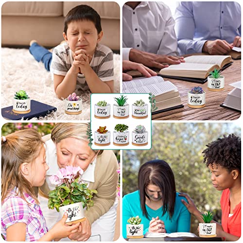 6 Pcs Christian Bible Verse Gifts Set Funny Succulent Plant Pot with Bamboo Tray Ceramic Funny Planter Succulent Accessories Cute Plants Pots for Women Teacher Coworker Birthday Gifts (Bible Style)