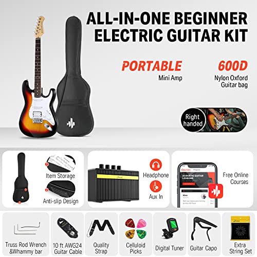 Donner DST-100S 39 Inch Full Size Electric Guitar Kit Solid Body Sunburst, Beginner Starter, with Amplifier, Bag, Capo, Strap, String, Tuner, Cable, Picks