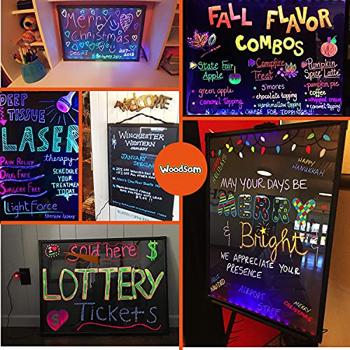 Woodsam LED Drawing Painting Board - 24" x 16" Erasable Non Porous Glass Surface with 8 Fluorescent Window Markers-Best for Chalkboard Blackboard Whiteboard Bulletin/Letter/Spelling/Display/Menu Board