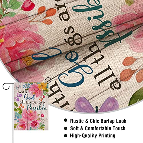 Artofy with God all Things are Possible Christian Home Decorative Garden Flag, Spring Summer Religious House Yard Outdoor Peony Flower, Inspirational Butterfly Outside Farmhouse Small Decor 12 x 18