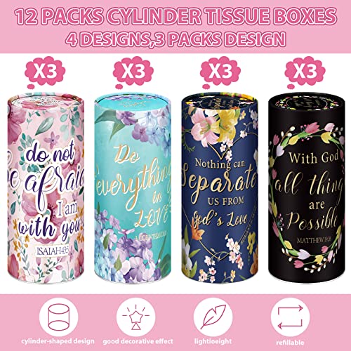 12 Pcs Christian Gifts Cylinder Car Tissues Boxes Religious Quotes Car Napkins Round Disposable Tissues Boxes Travel Facial Tissues Boxes for Car Cup Holder Tissues Box Round Container (Blossom)