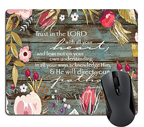Wknoon Christian Bible Verses Scripture Quotes Proverbs 3-5 Mouse Pad, Trust in The Lord with All Your Heart Mouse Pads Vintage Old Floral Wood Design Mat