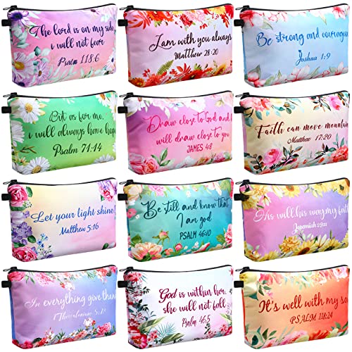 Chunful 12 Pcs Inspirational Christian Bags Bulk for Women Bible Verse Cosmetic Bag Pencil Pouch Gift Zippered Flower Organizer for Student Office Journaling Supplies, 7.48 x 4.72 Inch(Stylish)