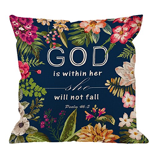 HGOD DESIGNS Flowers Pillow Covers Christian Quotes Throw Pillow Case,Bible Verses God is Within Her She Will Not Fall Psalm 46 10 Cotton Linen Square Pillow Cover for Men/Women/18x18 inch