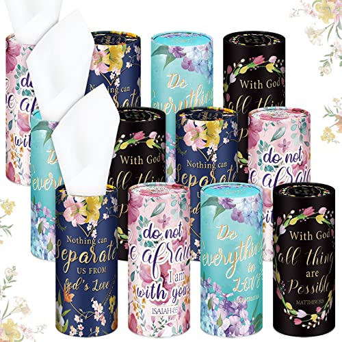 12 Pcs Christian Gifts Cylinder Car Tissues Boxes Religious Quotes Car Napkins Round Disposable Tissues Boxes Travel Facial Tissues Boxes for Car Cup Holder Tissues Box Round Container (Blossom)