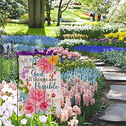 Artofy with God all Things are Possible Christian Home Decorative Garden Flag, Spring Summer Religious House Yard Outdoor Peony Flower, Inspirational Butterfly Outside Farmhouse Small Decor 12 x 18