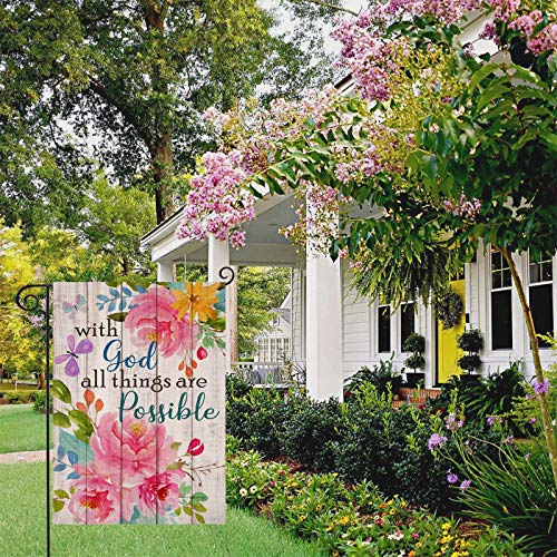 Artofy with God all Things are Possible Christian Home Decorative Garden Flag, Spring Summer Religious House Yard Outdoor Peony Flower, Inspirational Butterfly Outside Farmhouse Small Decor 12 x 18